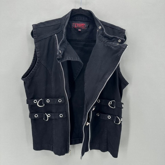 Vintage Tripp NYC Mens Biker Vest Black Zipper Metal Studded D-Ring Size L Punk - Picture 5 of 12